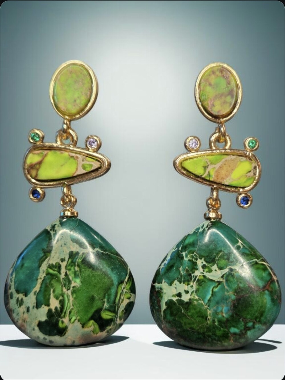 18k Gold Plated Emerald Jasper Green Turquoise Zircon Crystal Dangle Earrings